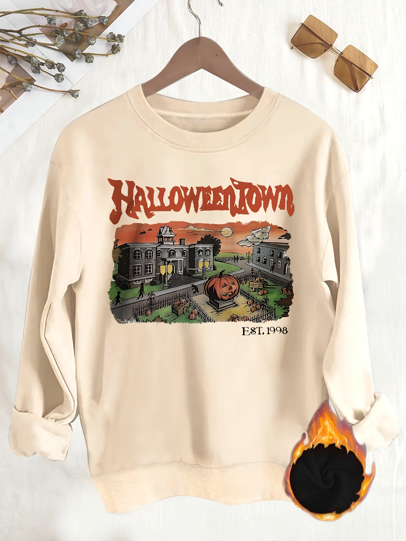 Halloween Town Print Sweatshirt, Casual Long Sleeve Crew Neck Sweatshirt For Spring & Fall, Women's Clothing