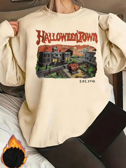 Halloween Town Print Sweatshirt, Casual Long Sleeve Crew Neck Sweatshirt For Spring & Fall, Women's Clothing