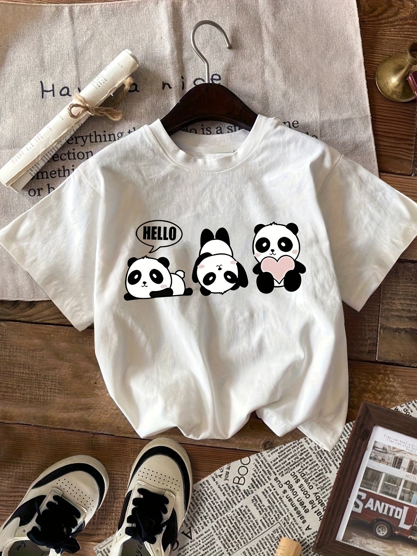 Panda Print T-shirt - Women's Short Sleeve Crew Neck Casual Top