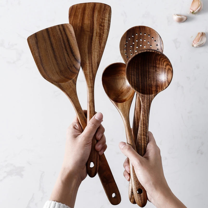 TeakCraft Natural Wood Kitchen Tool Set - DINING DREAMS STORE