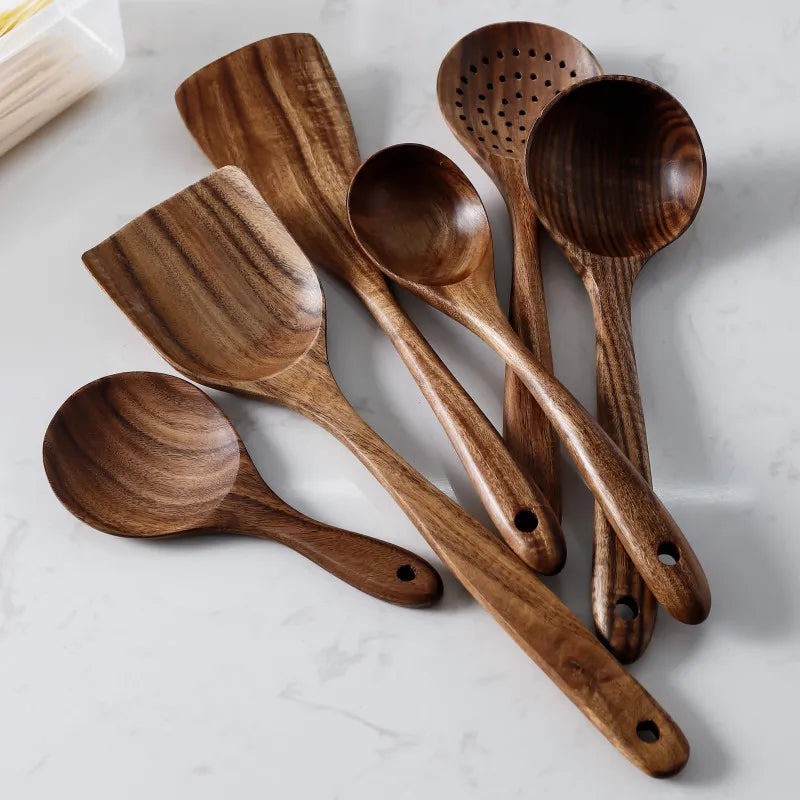 TeakCraft Natural Wood Kitchen Tool Set - DINING DREAMS STORE