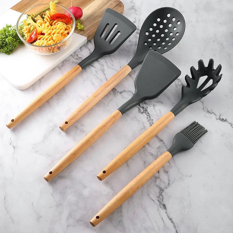 Wooden Handle Silicone Kitchen Utensil Set - DINING DREAMS STORE