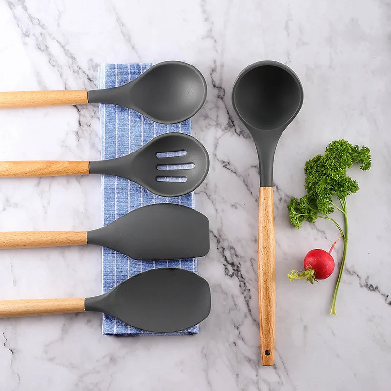 Wooden Handle Silicone Kitchen Utensil Set - DINING DREAMS STORE