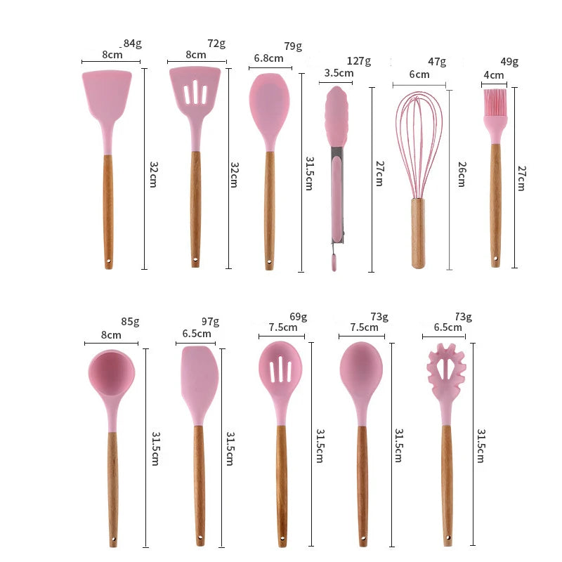 Wooden Handle Silicone Kitchen Utensil Set - DINING DREAMS STORE