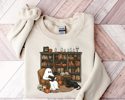 Retro Ghost Reading Books Sweatshirt – Cozy Up for a Spooky, Bookish Halloween!