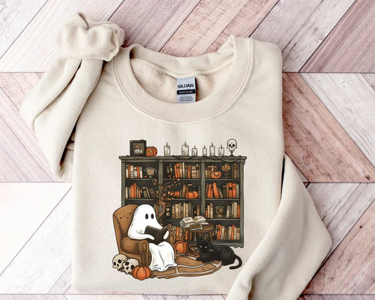 Retro Ghost Reading Books Sweatshirt – Cozy Up for a Spooky, Bookish Halloween!