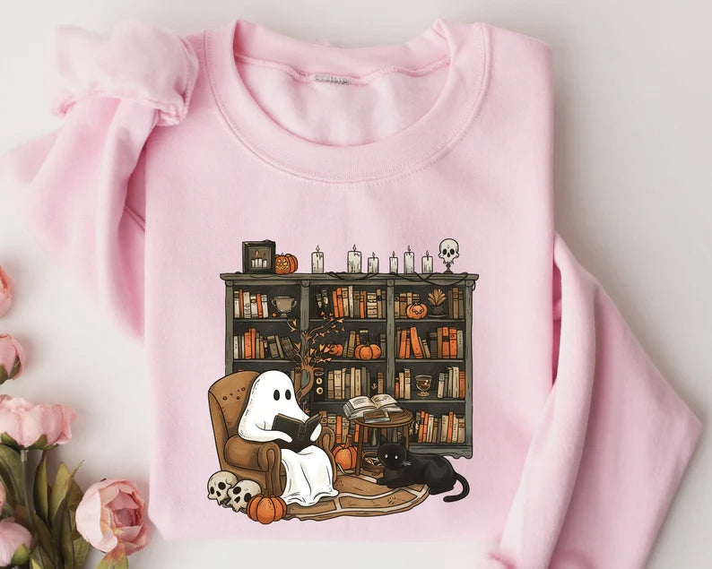 Retro Ghost Reading Books Sweatshirt – Cozy Up for a Spooky, Bookish Halloween!