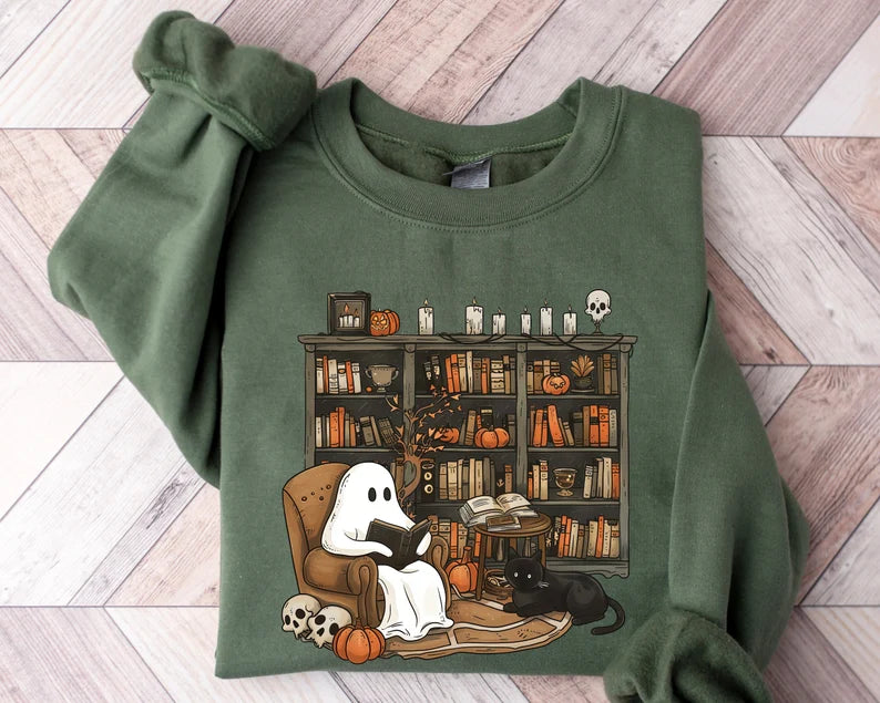 Retro Ghost Reading Books Sweatshirt – Cozy Up for a Spooky, Bookish Halloween!