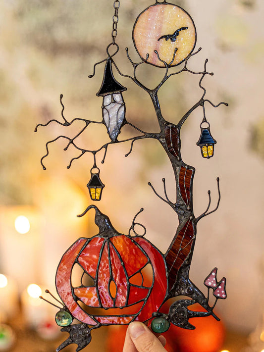 Pumpkin Mystical Tree Stained Glass – Bring Mystical Charm to Your Halloween Decor!