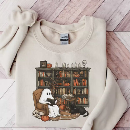 Retro Ghost Reading Books Sweatshirt – Cozy Up for a Spooky, Bookish Halloween!